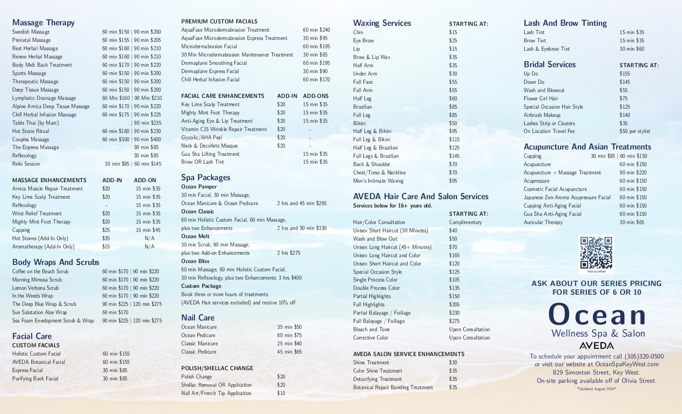 ocean spa wellness menu