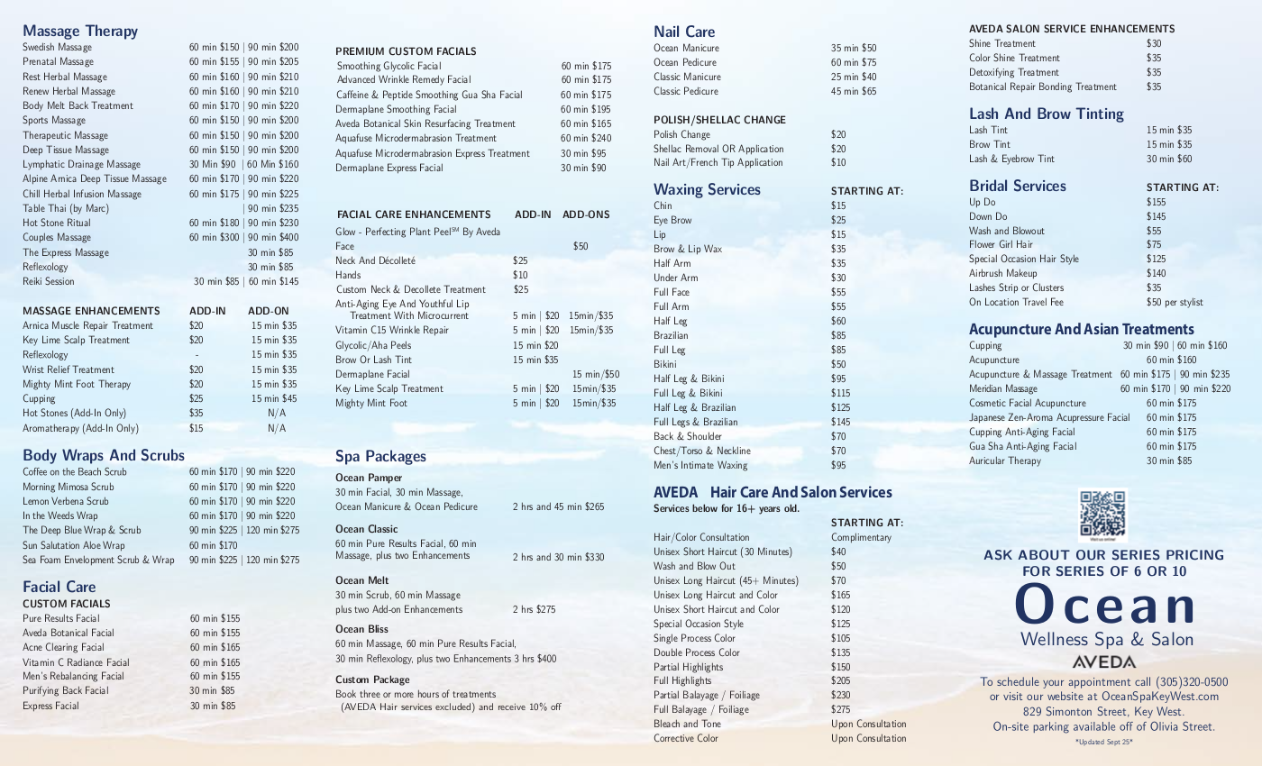ocean spa wellness menu